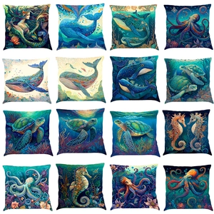 Marine series cotton linen pillowcases set with mermaid and ocean animal prints