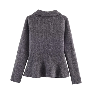 Rear view of dark grey double-breasted knit cardigan with elegant peplum hem and soft texture