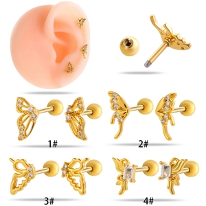 Boucles d'oreilles papillon dorées en acier avec zircons et fermoirs à vis à bille