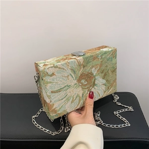 Floral crossbody box bag with vintage sunflower pattern and silver chain strap