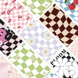 Detailed close-up of 8 waterproof Y2K aesthetic stickers with cherry and checkerboard patterns