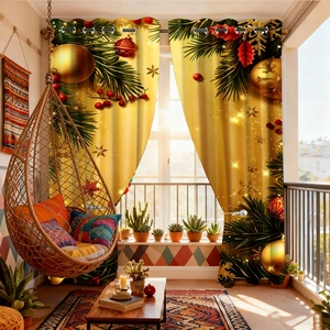 Detail of Christmas velvet blackout curtains with gold pine needles and red ball ornaments