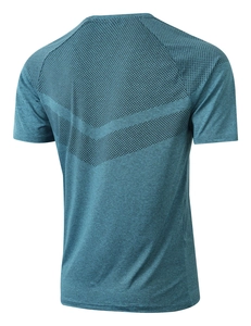 Close-up of men's athletic T-shirt showing breathable V-shaped mesh back ventilation