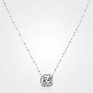 Square Halo Pendant Necklace 925 Sterling Silver Sparkling Cubic Zirconia Simulated Diamond Elegant Jewelry For Women