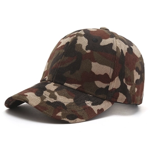 Detailed view of camouflage baseball cap showing corduroy texture and curved brim