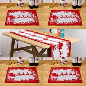 Christmas table runner and placemat set with Santa Claus reindeer and snowflake patterns