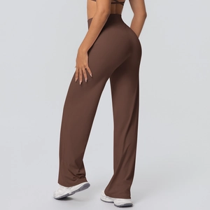 Detail of high waisted dark coffee flared yoga pants with brushed texture and seamless design