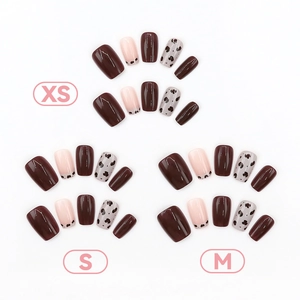 Square press-on nails with brown glossy finish and chic cow print patterns in XS S M sizes