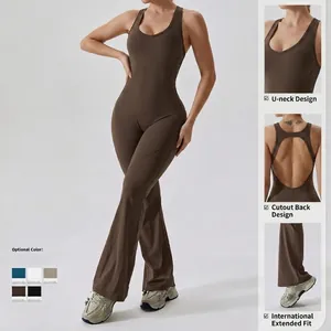 Slim fit flared yoga jumpsuit with U-neck and open back design in dark coffee brown