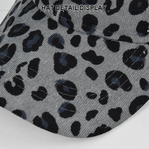 Detail view of leopard print corduroy texture on this gray baseball cap with sharp fabric grain