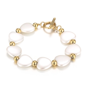 Bracelet perlé doré avec cœur en nacre et fermoir OT élégant au style minimaliste