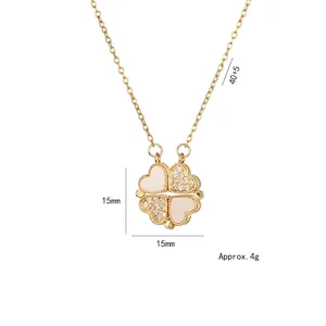 Collier trèfle cœur doré avec nacre blanche et cristaux sur chaîne de 40+5cm