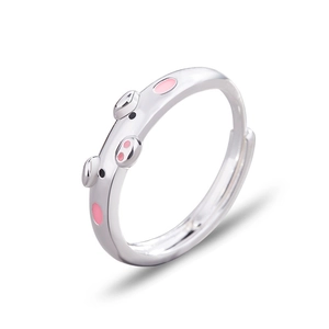 Silver-plated open ring with cute 3D pink pig design for women on white background