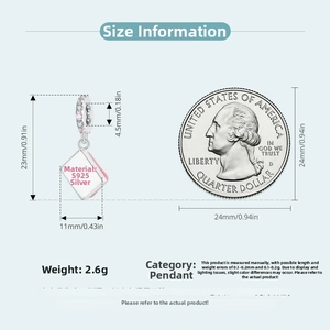 Detailed size view of S925 sterling silver mahjong pendant with pink zircon and enamel