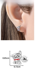 Detail showing a silver bulldog ear stud with red collar, 0.85cm height and model view