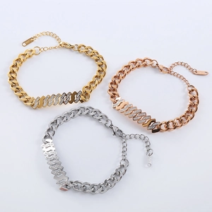 Three-color chunky stainless steel Cuban bracelets with pavé diamond geometric links