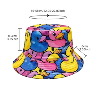 Sun protection bucket hat with colorful rubber duck pattern and size measurements