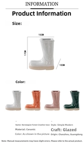 Detailed dimensions of rain boot shaped ceramic vases showing 17cm height and 15cm width