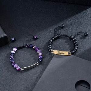 Matching beaded bracelets with stainless steel plates and zebra stone beads for couples