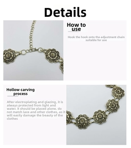Detail of vintage gold metal waist chain with hollow flower engraving and clasp