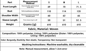 Detailed size guide and fabric specifications for the burgundy scarf collar wool coat