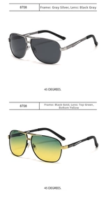 Dettaglio occhiali da sole aviator 8708 con montatura grigio-argento e nero-oro