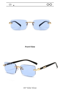 Front and side macro views of rimless square sunglasses with blue lenses and gold metal hinges
