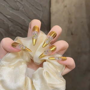 Handmade Luxury Press On Nails Stiletto Gold Mirror Finish With Rhinestones Sparkling Artificial Nails