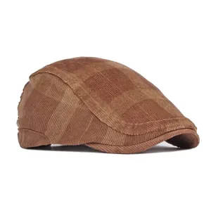 Vintage brown plaid corduroy newsboy cap with classic British style for men and women