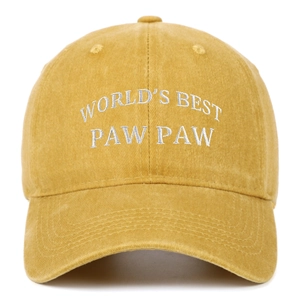 Detailed view of white embroidered text on mustard yellow washed cotton baseball cap
