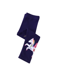 Dark blue girls leggings featuring detailed unicorn embroidery on high-quality knit cotton