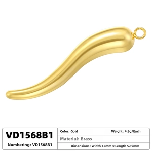Detail of 57.5mm gold cornicello pendant with dimensions and brass material specs