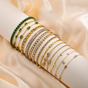 Stainless Steel Bracelet For Women With Zircon Emerald Cross Gold Plated Adjustable Snake Chain Tennis Jewelry