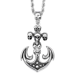 Punk style anchor pendant necklace with skull details in vintage silver metal finish