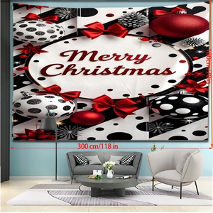 Detail of 300x180cm Merry Christmas tapestry with festive red bows and pine cones