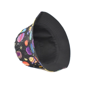 Detailed view of black bucket hat featuring a colorful galaxy and planet print pattern