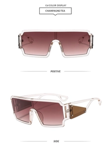 Detailed views of champagne oversized square sunglasses with brown gradient lenses