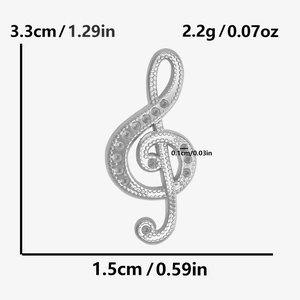 Size chart for silver musical note pendant showing height 3.3cm and width 1.5cm