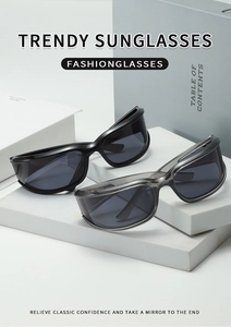 Detail of MF-83 trendy sunglasses in black and transparent grey on minimalist stand