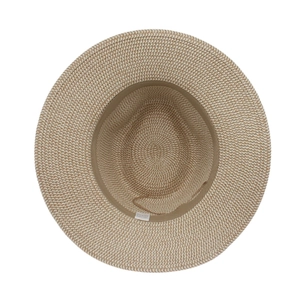 Detailed top view of a woven Panama hat showing bi-color texture and inner sweatband