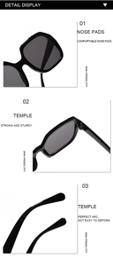 Detail view of comfortable nose pads and sturdy hinges on oversized black sunglasses