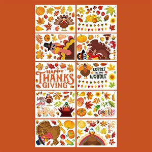 Thanksgiving window clings set featuring cartoon turkeys and autumn maple leaves for glass