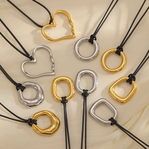 Vintage Stainless Steel Heart Geometric Pendant Necklace For Women Long Black Wax Cord Sweater Chain Necklace Gold Silver Jewelry
