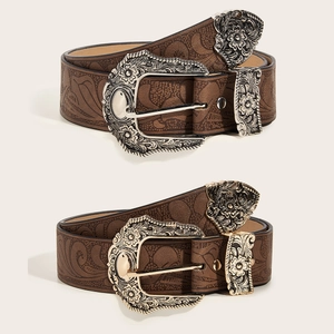 Vintage Western Cowboy Belt Faux Leather Floral Embossed Three Piece Engraved Alloy Buckle For Women Men Bohemian Style