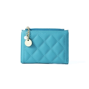 Teal quilted short wallet for women featuring diamond patterns and a pearl zipper charm
