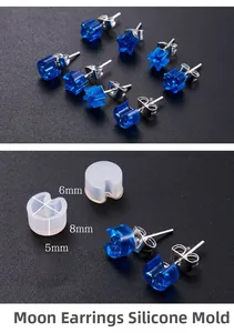 Macro shot of moon shaped silicone mold and blue resin earring with 8mm size details