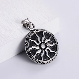 Vintage punk stainless steel sun pendant with black engraved radial sunburst pattern