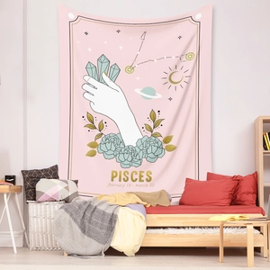 Detailed view of Pisces zodiac tapestry featuring celestial star maps in a cozy bedroom