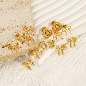 Bowknot Sunflower Stud Earrings 18K Gold Plated Stainless Steel With Zircon Versatile Chic Waterproof Jewelry For Women