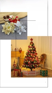 Glittering artificial poinsettia flowers shown on Christmas trees for festive decoration